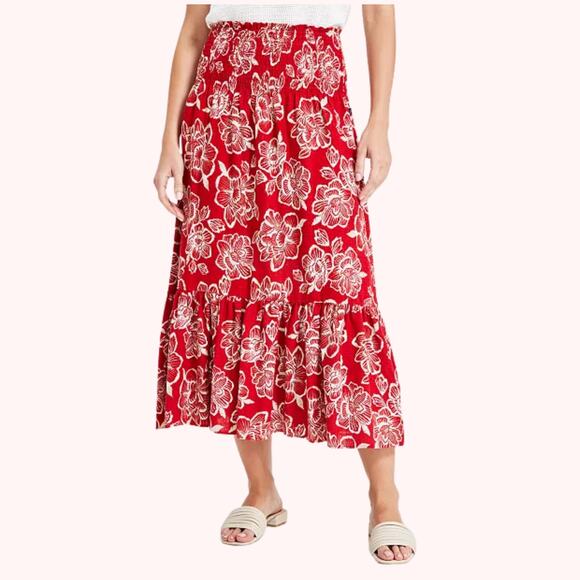 NWT Nautica Jeans | Women's Floral Smocked-Waist Midi Skirt Smocked Tiered L - Picture 1 of 7